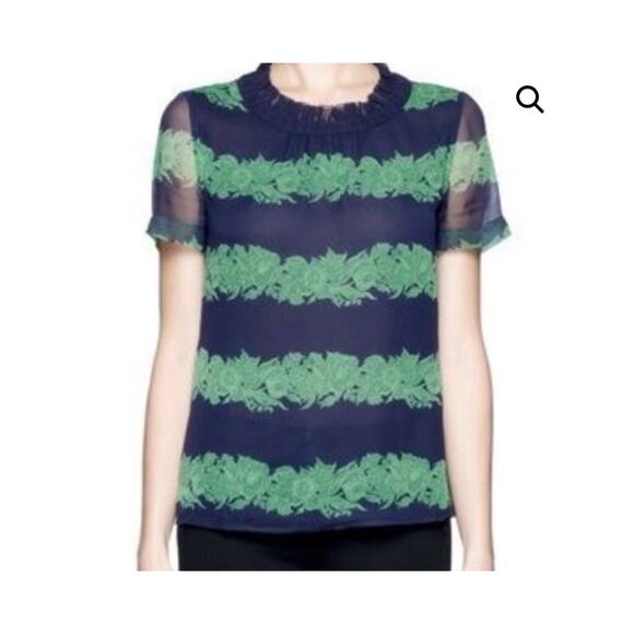 J Crew Navy and Green Silk Ruffle Trim Short Sleeve Blouse 00 - Picture 1 of 8